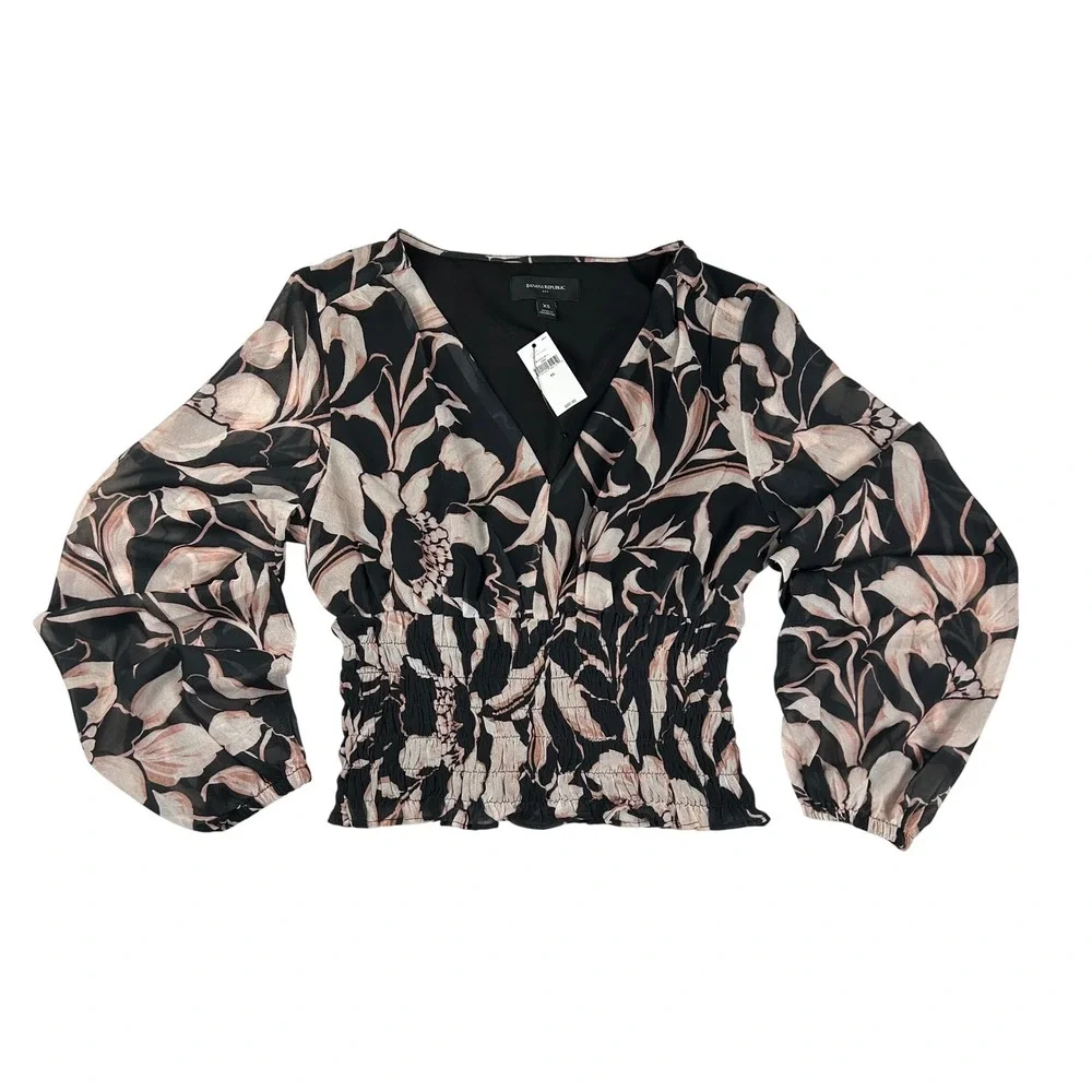 Banana Republic Pink Floral Smocked V-Neck Blouse Black Chiffon XS